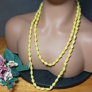 💚5/$25💚 Vintage Bright Yellow 50" Plastic Bead Necklace White Spacers